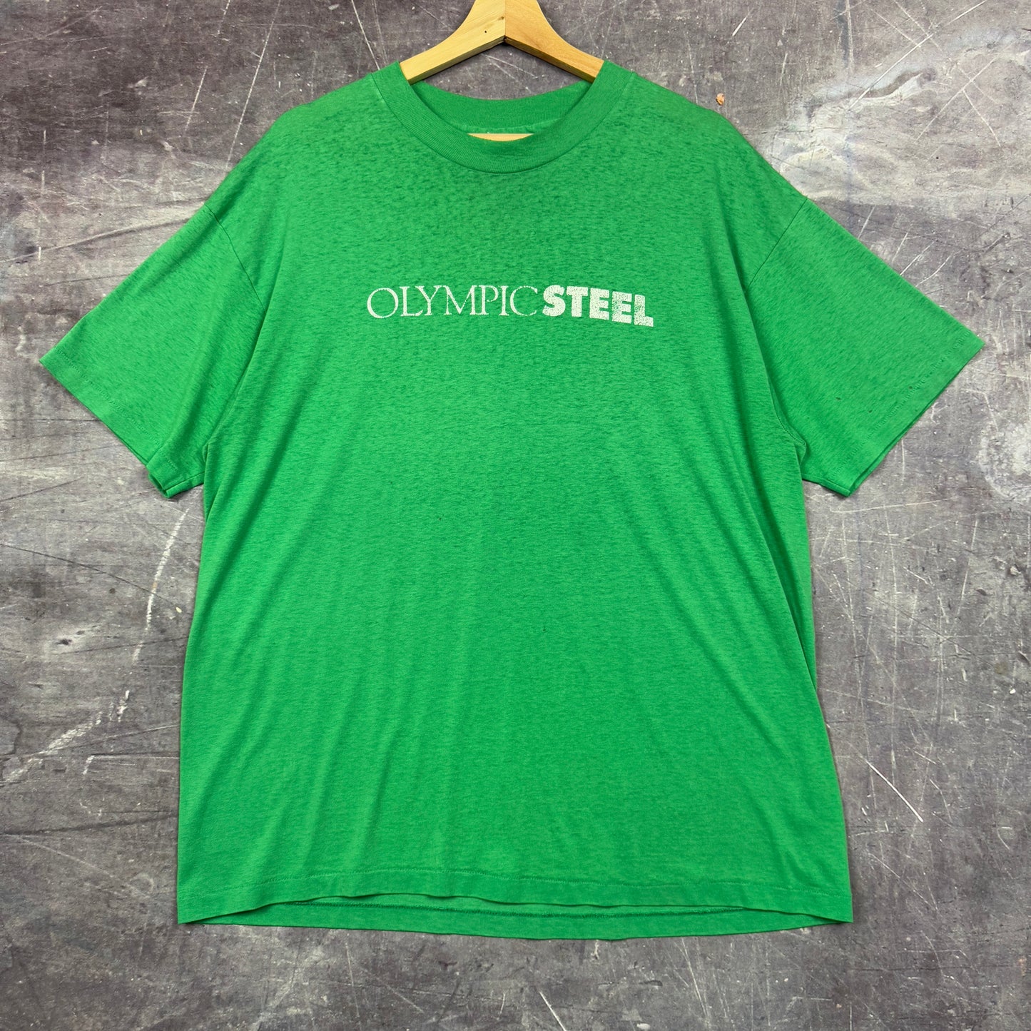 80s Green Olympic Steel Logo Spellout Shirt XL 0993