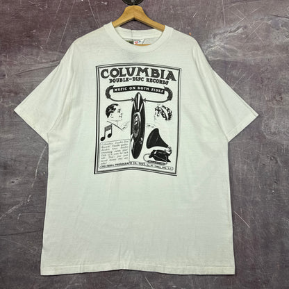 90s White Columbia Double Disc Records Music On Both Sides Graphic Shirt XL 2866