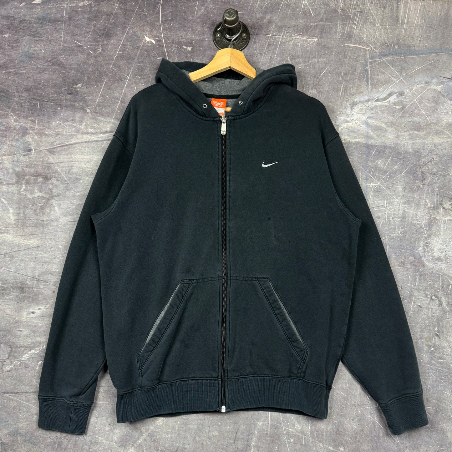 Early 00s Black Nike Mini Swoosh Essential Zip-Up Hoodie L 0022