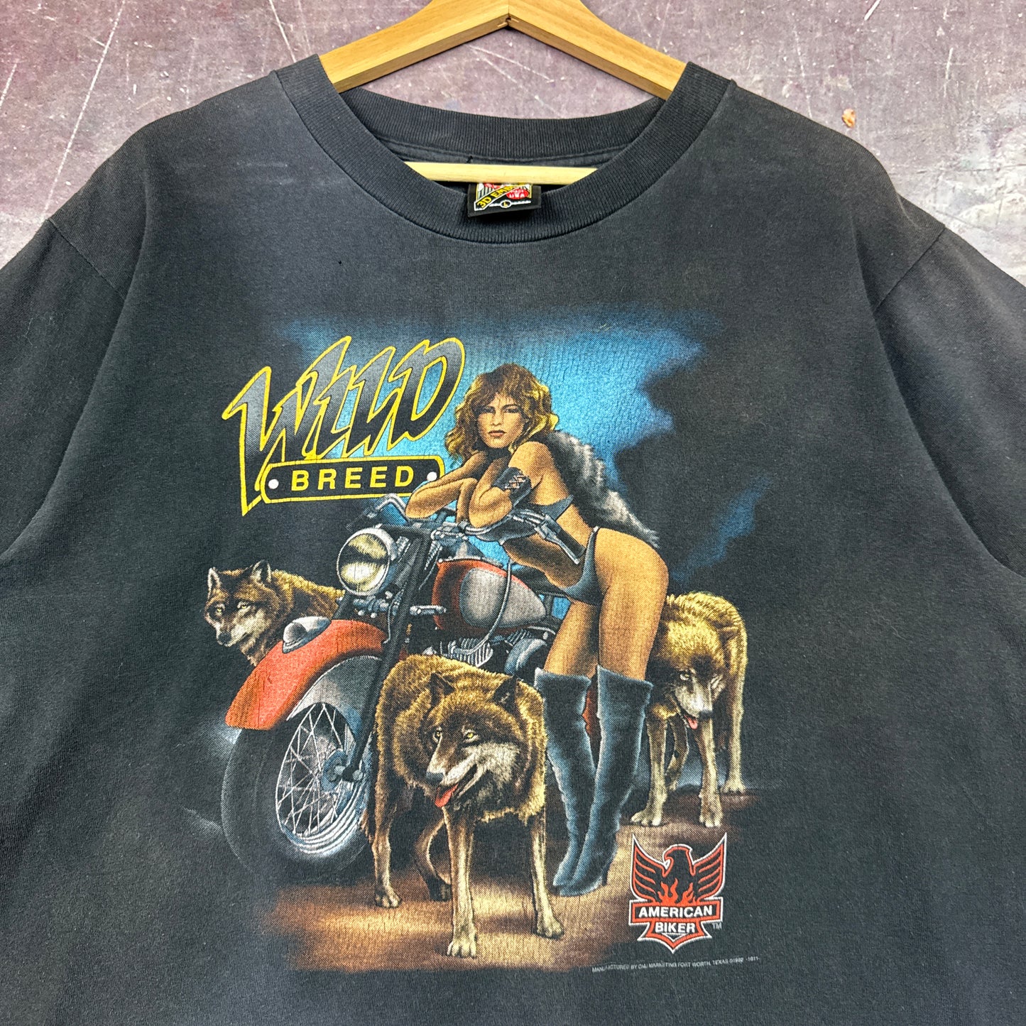 90s Faded Black American Biker 3D Emblem Shirt 3188