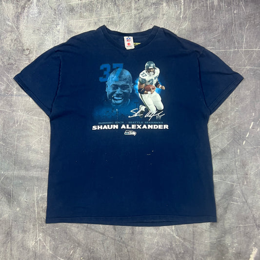 Early 00s Navy Blue Shaun Alexander Seattle Seahawks Graphic Shirt XL AK45