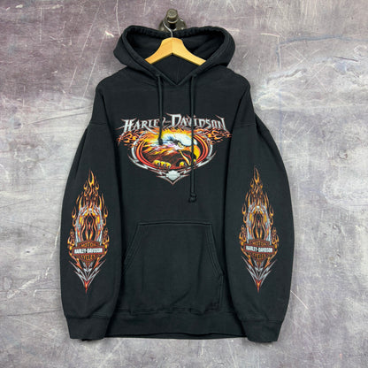 Early 00s Black Portland Maine Harley Davidson Motorcycle Flame Sleeve Eagle Graphic Hoodie L 1267