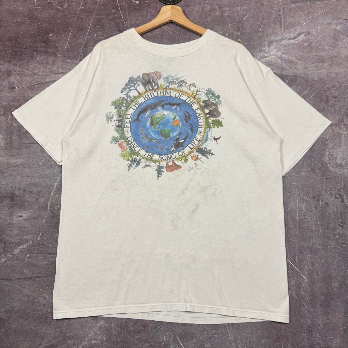 90s White Feel The Rhythm Of The Earth Animal Graphic Shirt XL 2525
