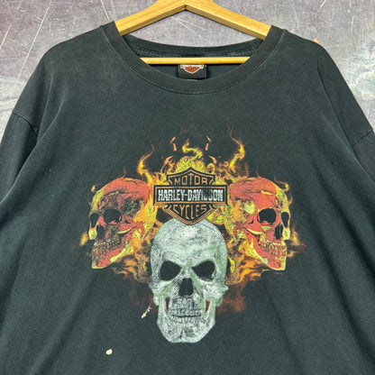 Early 00s Black Skull Harley Davidson Motorcycle Flame Sleeve Graphic Long Sleeve Shirt XL 0831