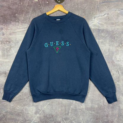 90s Navy Blue Guess Essential Logo Spellout Graphic Crewneck Sweatshirt M 1239