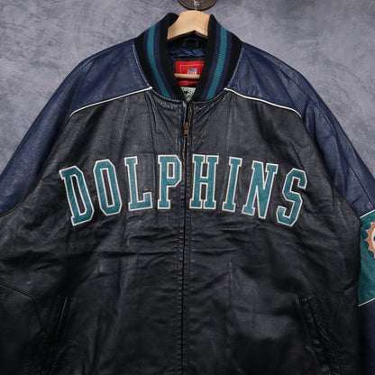 90s Black Miami Dolphins Leather Varsity Jacket 6519