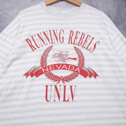 90s White Grey Striped UNLV Running Rebels Nevada Shirt 4688
