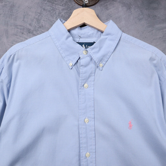 Y2K Light Blue Ralph Lauren Gingham Check Classic Fit Button Down Shirt 5325