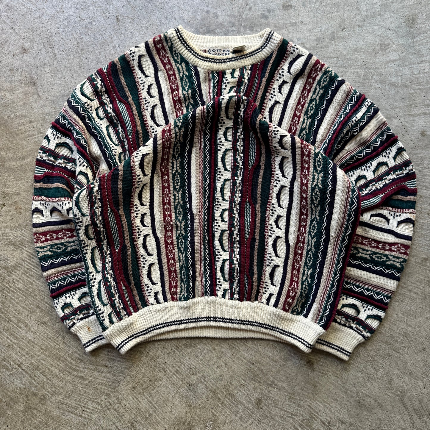 90s Tan Brown Green Red 3D Knit Coogi Style Cotton Trader Sweater L 0607