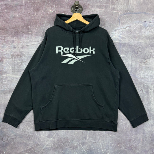 Early 00s Black Reebok Spellout Logo Graphic Hoodie L 1749