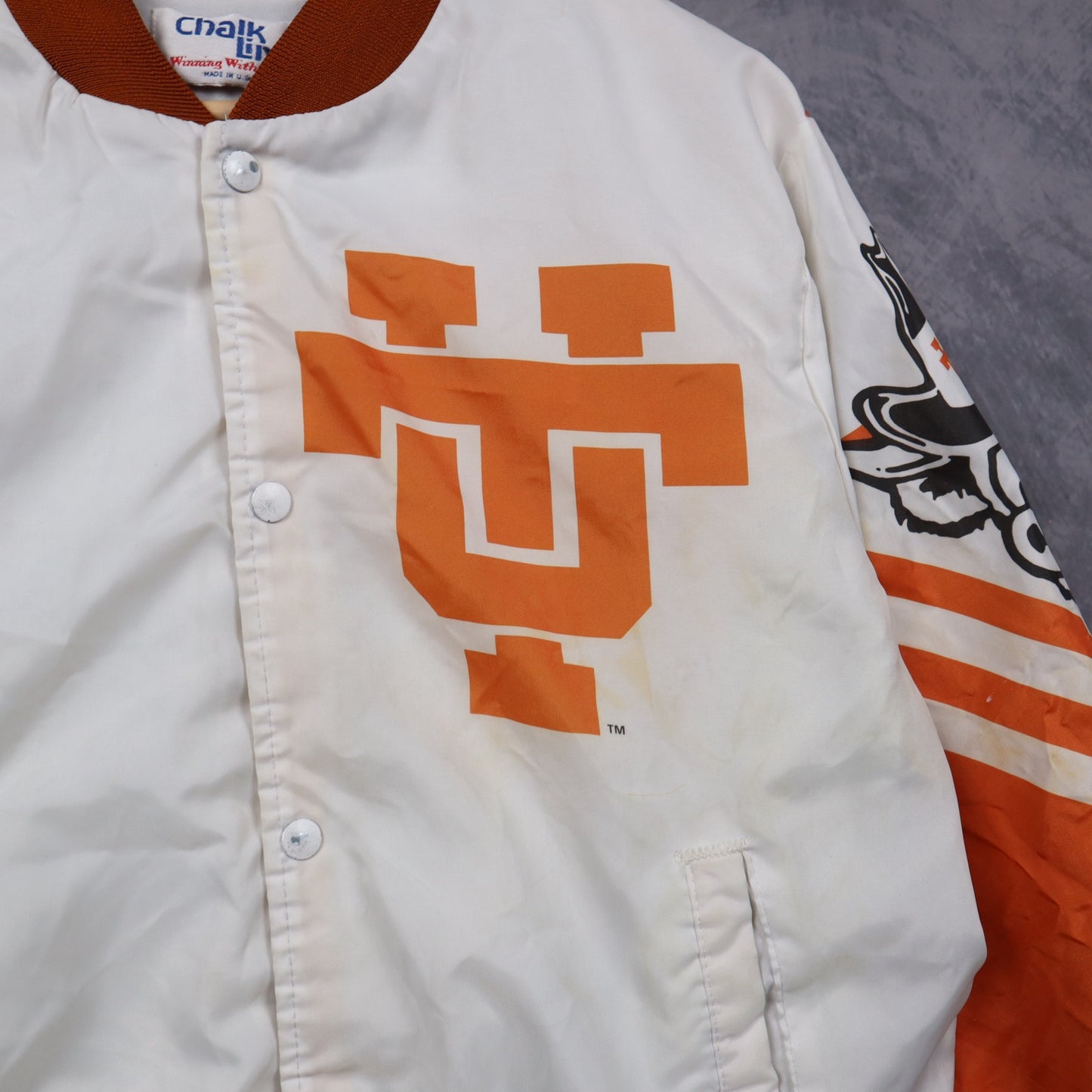 90s White Texas Longhorns Chalk Line Bomber Jacket 5911