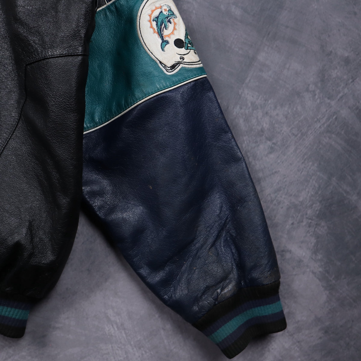 90s Black Miami Dolphins Leather Varsity Jacket 6519