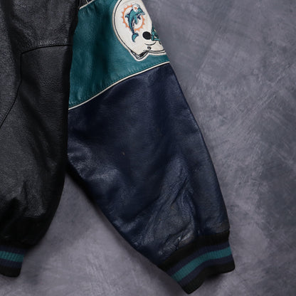 90s Black Miami Dolphins Leather Varsity Jacket 6519