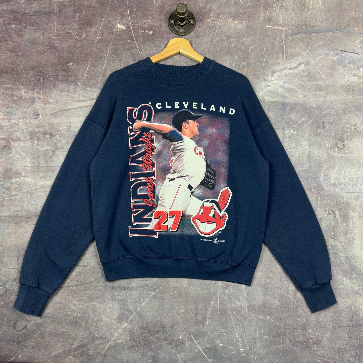 1997 Navy Blue Cleveland Indians Jaret Wright Baseball Graphic Crewneck Sweatshirt M 1247