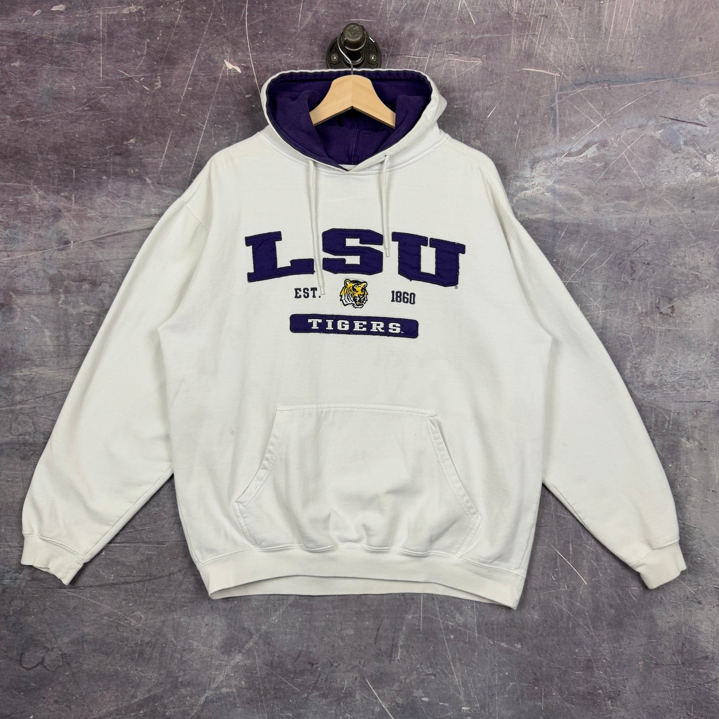 Early 00s White Purple Starter LSU Tigers Graphic Hoodie L 1197