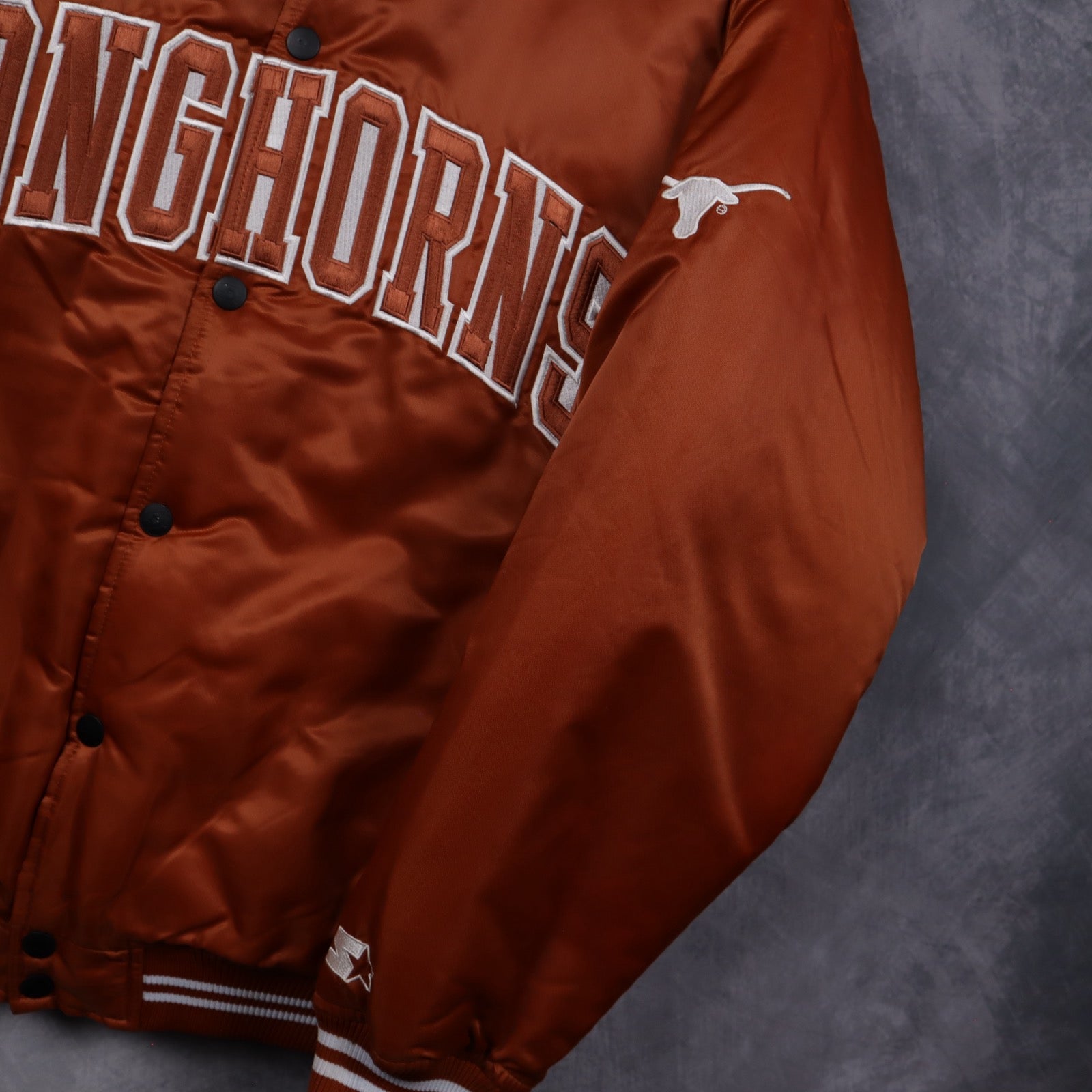 00s Burnt Orange Texas Longhorns Starter Satin Varsity Jacket 5912