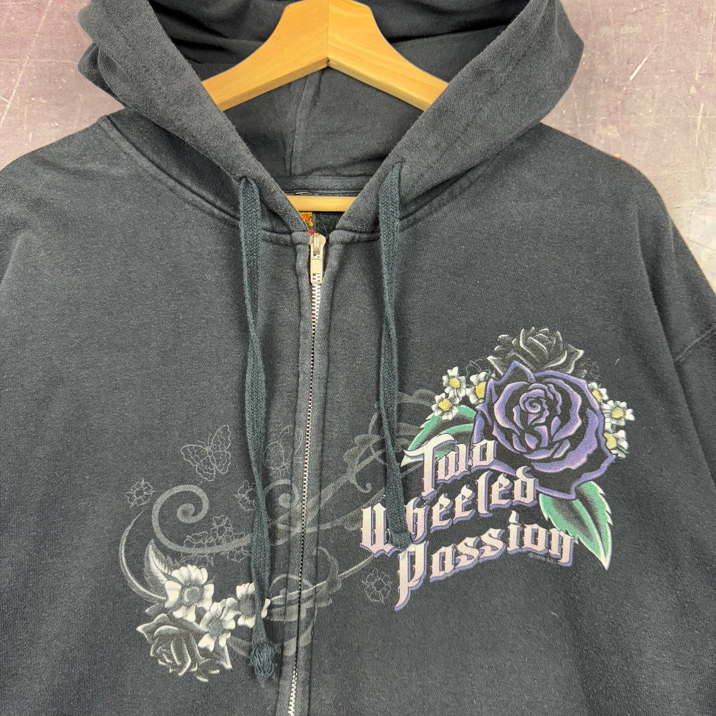 Early 00s Faded Black Flower Two Wheeled Passion Graphic Zip Up Hoodie L 1228