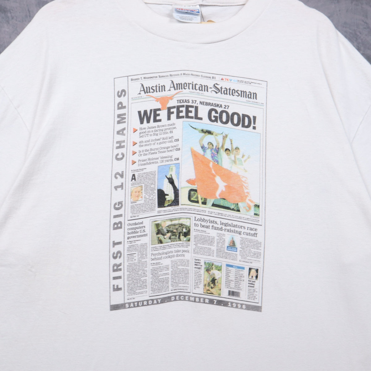 1996 White Texas Longhorns First Big 12 Champs Newspaper Shirt 5742