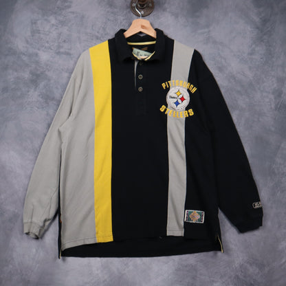 90s Black Pittsburgh Steelers Long Sleeve Rugby Shirt 6787