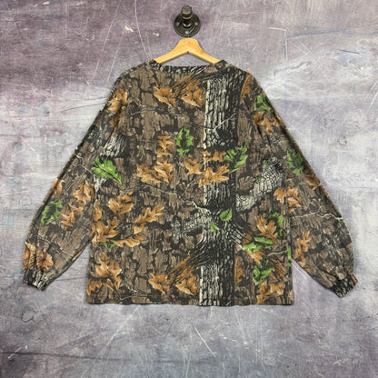 Early 00s Jerzees RealTree Camo Blank Essential Long Sleeve Quarter Button Up Pocket Shirt XL 1064