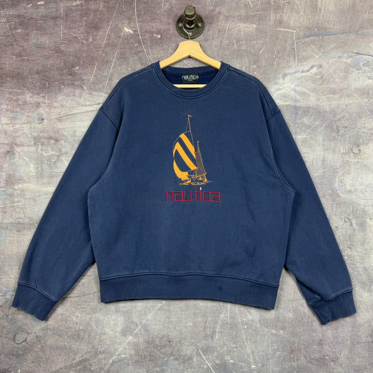 90s Navy Blue Nautica Sailboat Embroidered Graphic Crewneck Sweatshirt L 1253