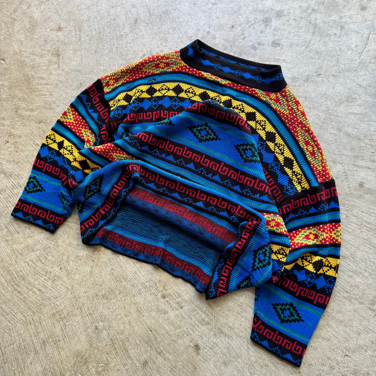 90s Multicolor Blue Red Abstract Pattern Knit Sweater L 0606