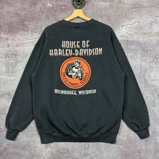 Early 00s Faded Black Harley Davidson Milwaukee Flame Eagle Graphic Crewneck Sweatshirt M 1971