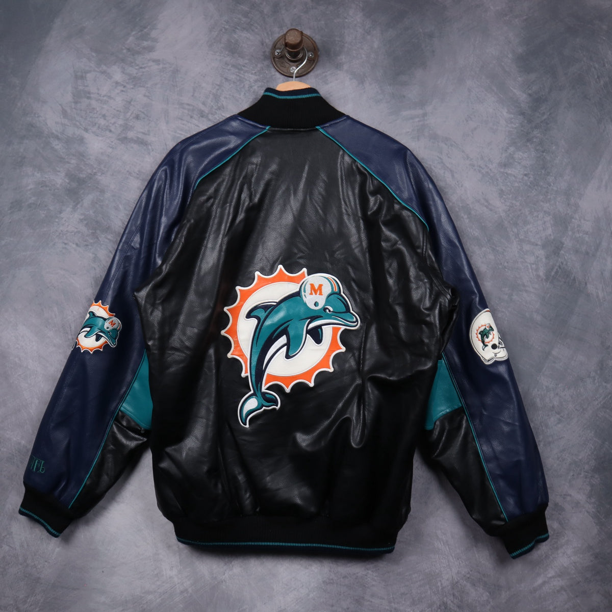 00s Black Miami Dolphins Faux Leather Bomber Jacket 6520