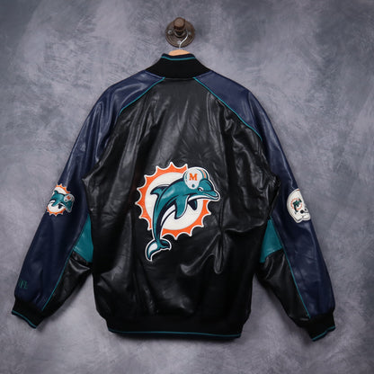 00s Black Miami Dolphins Faux Leather Bomber Jacket 6520