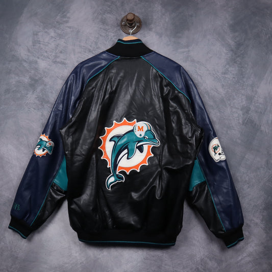 00s Black Miami Dolphins Faux Leather Bomber Jacket 6520