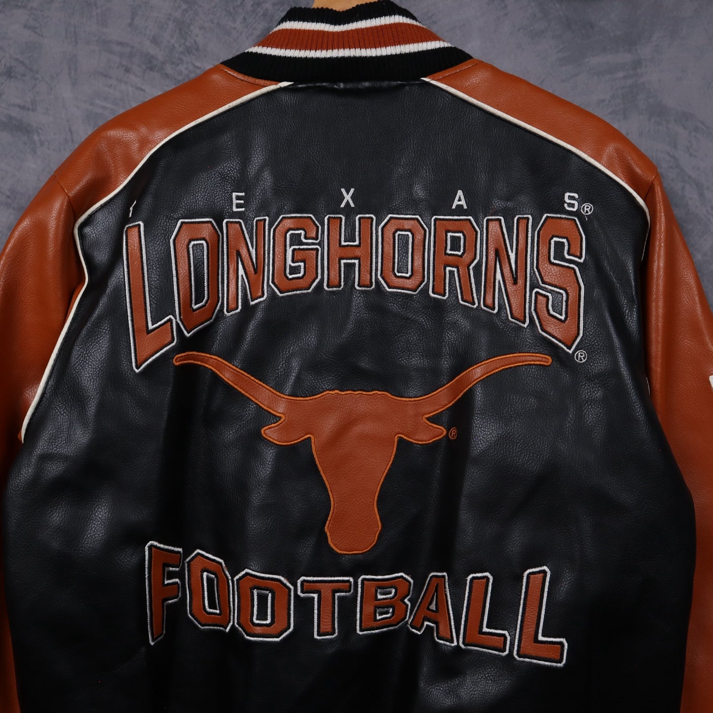 00s Black Texas Longhorns Football Faux Leather Varsity Jacket 5931