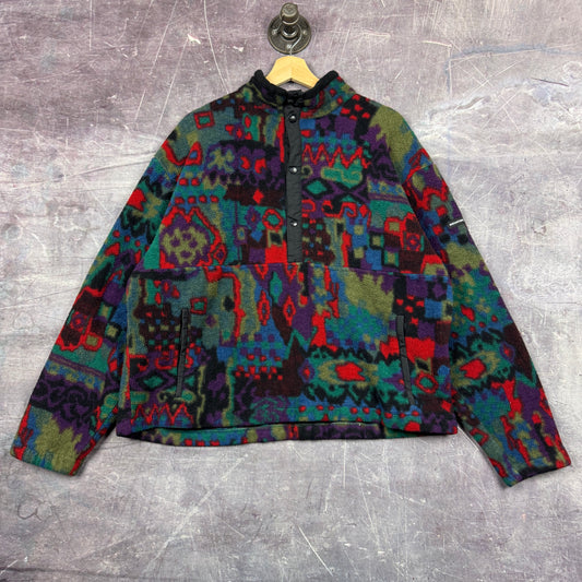 90s Demetre Abstract Pattern Snap Tee Style Pullover Fleece Jacket L 0528