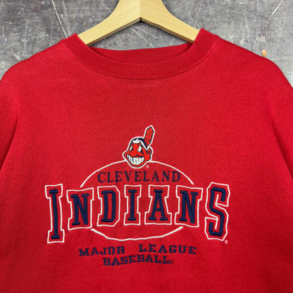 90s Red Cleveland Indians Embroidered MLB Baseball Graphic Crewneck Sweatshirt XL 1201