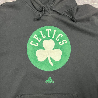 00s Faded Black Adidas Center Logo Boston Celtics Graphic Hoodie L AO10