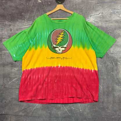 Early 00s Green Yellow Red Tie Dye Steal Your Face Grateful Dead Graphic Shirt XXL 0984