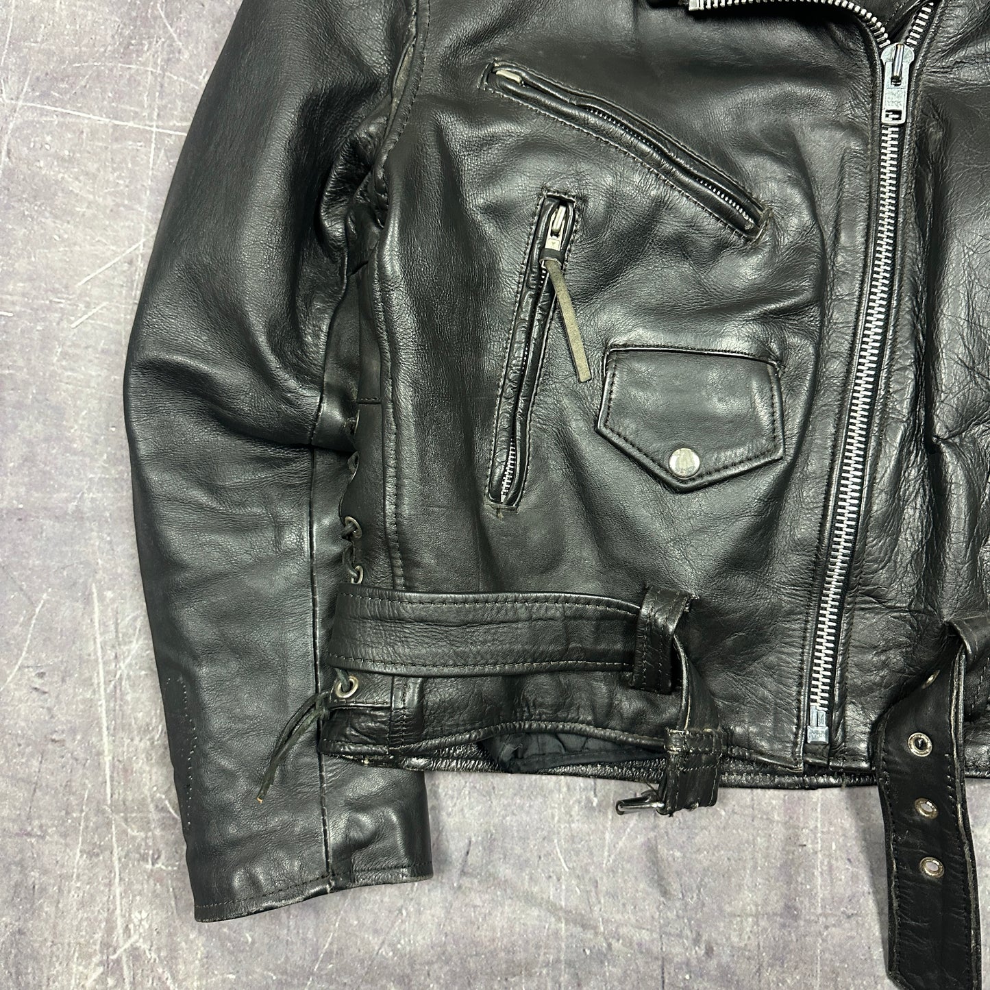 90s Black Unik Motorcyle Lined Rockabily Style Leasther Jacket M C23