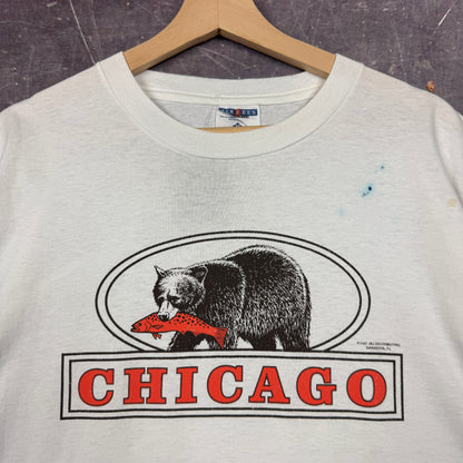 1997 White Chicago Bear Eating a Fish Graphic Shirt XL 0878