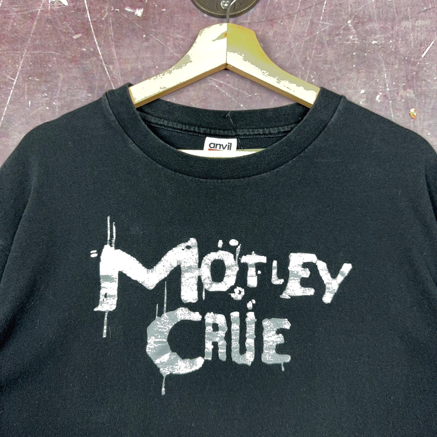 90s Black Motley Crue Flame Sleeve Spellout Graphic Shirt L 2895