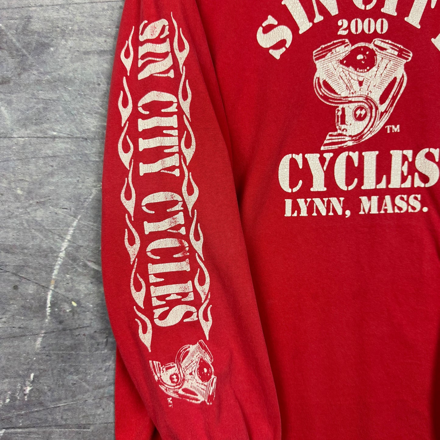 2000 Red Sin City Cycles Flame Sleeve Graphic Long Sleeve Shirt L 0966