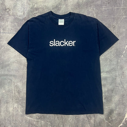 90s Navy Blue "Slacker" Text Graphic Shirt L AV22