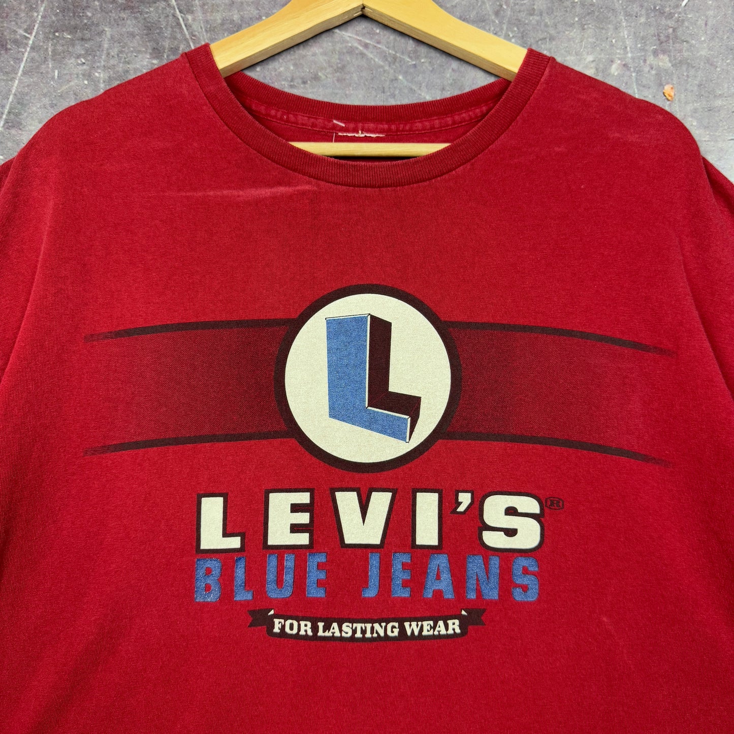 90s Red Levi's Blue Jeans Graphic Shirt XL 0968