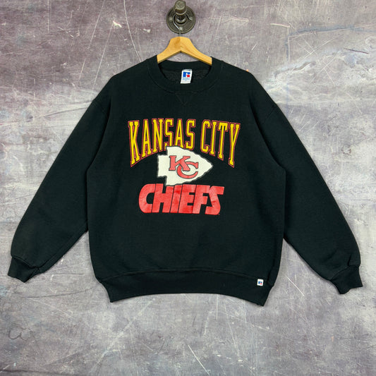 90s Black Russell Kansas City Chiefs Football Graphic Crewneck Sweatshirt L 1237