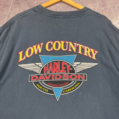 Early 00s Blue Harley Davidson Motorcycle Charleston South Carolina Graphic Shirt XXL 0907