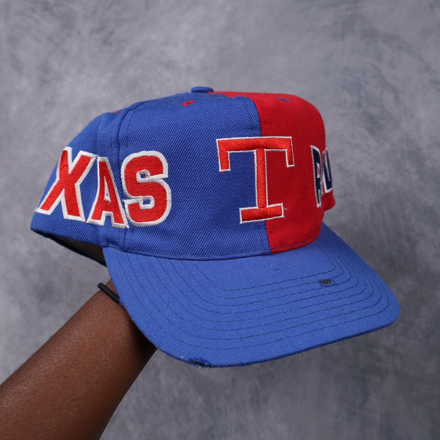 90s Blue and Red Texas Rangers American Needle Split Snapback Hat 5562