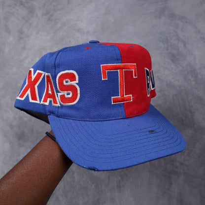90s Blue and Red Texas Rangers American Needle Split Snapback Hat 5562