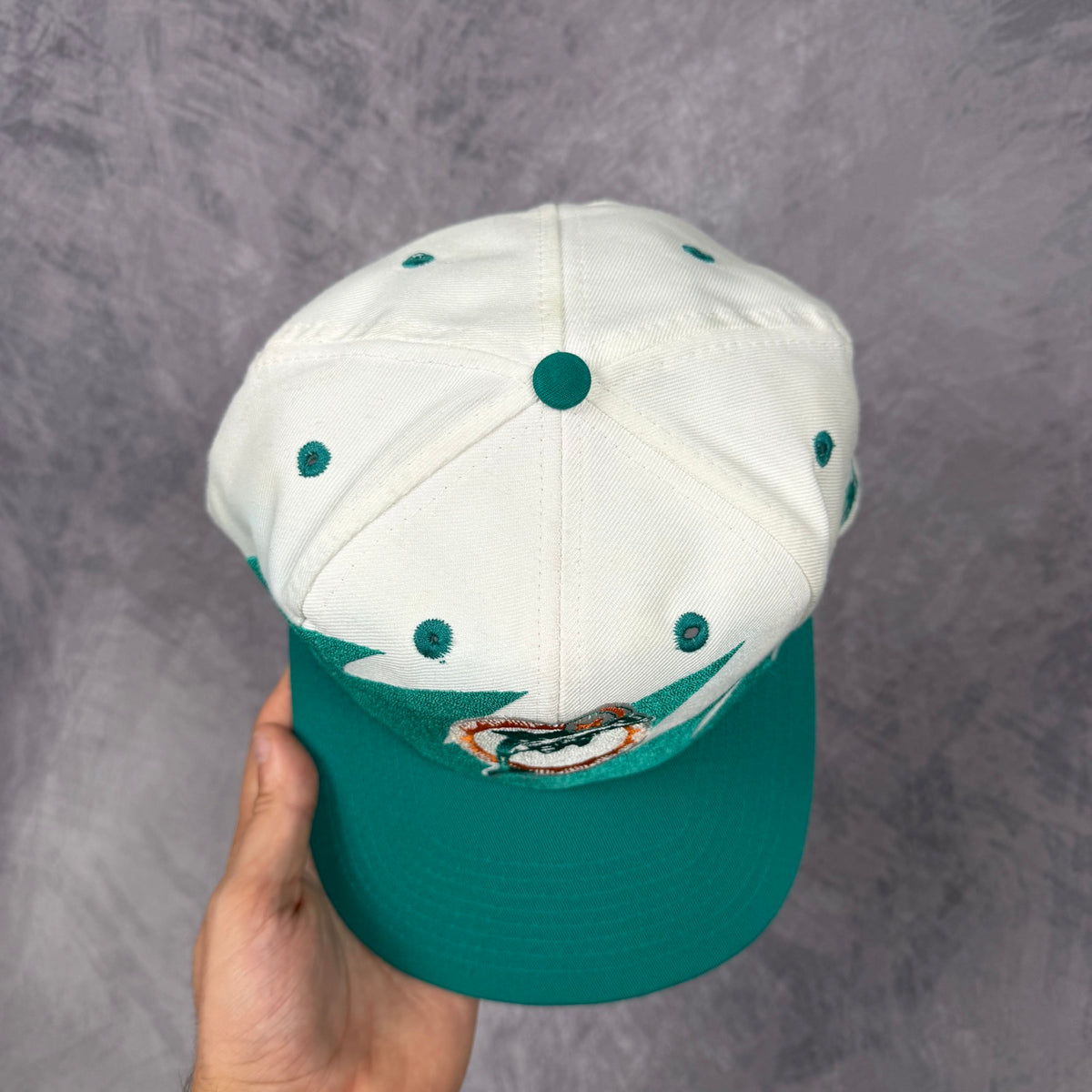 90s White Miami Dolphins Logo Athletic Sharktooth Snapback Hat 6818