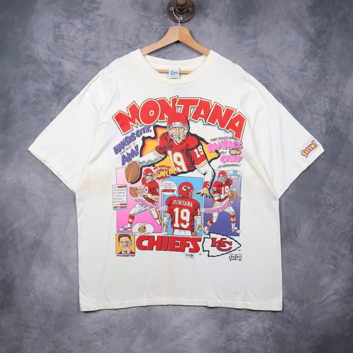 1993 White Kansas City Chiefs Joe Montana Caricature Shirt 6689