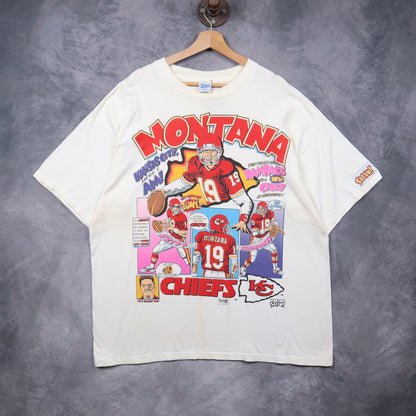1993 White Kansas City Chiefs Joe Montana Caricature Shirt 6689