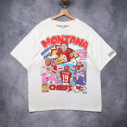 1993 White Kansas City Chiefs Joe Montana Caricature Shirt 6689