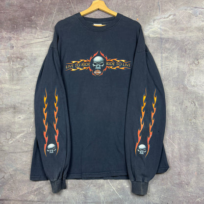 Early 00s Navy Blue Harley Davidson Live To Ride Ride To Live Skull Flame Sleeve Graphic Shirt XL 1162